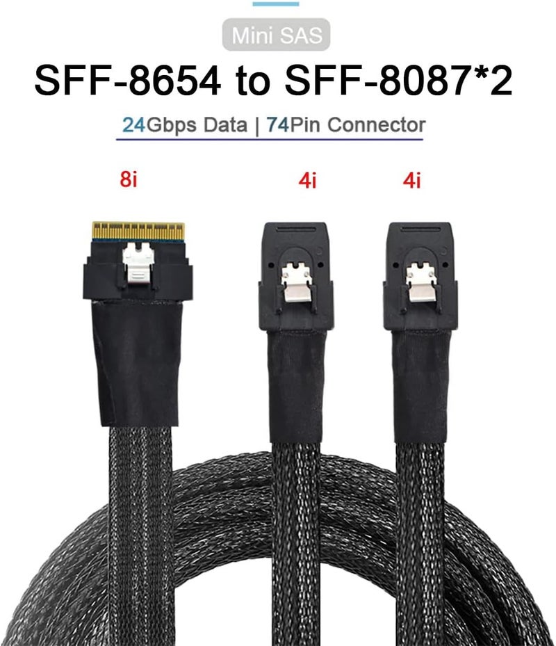 Cablecc PCI-E Ultraport Slimline SAS Slim 4.0 SFF-8654 8i 74pin to Dual SFF-8087 Mini SAS Cable PCI-Express - Image 2